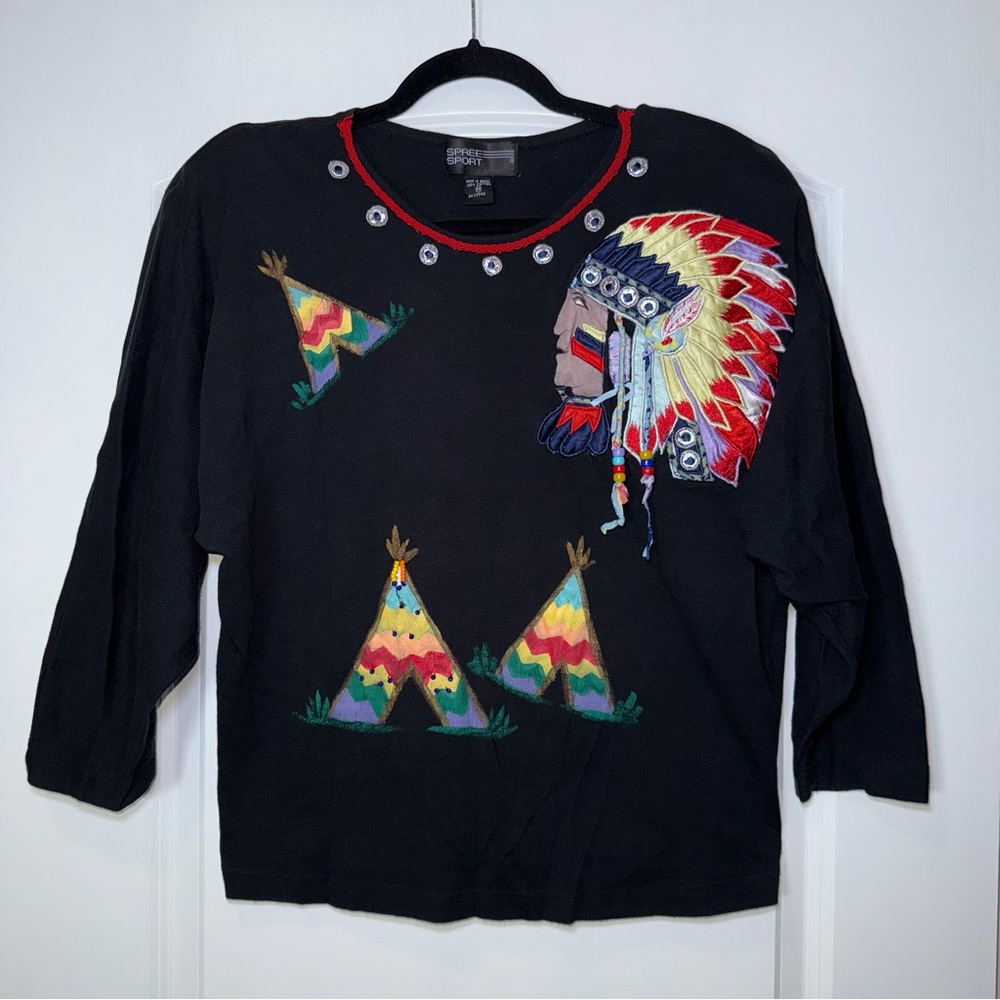 Spree Sport Women’s Vintage Blue Shirt w/ Native American & Teepees Size Medium